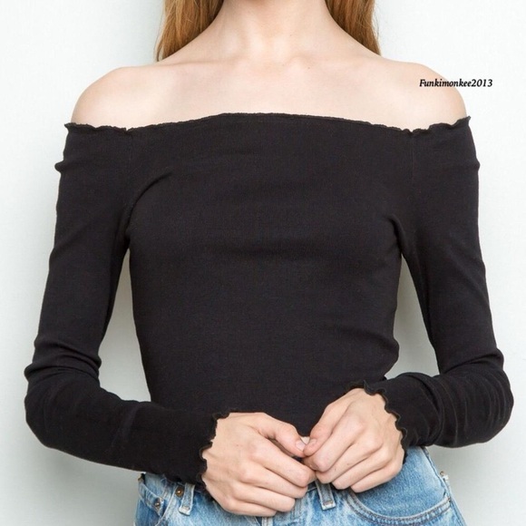 Brandy Melville Tops - Brandy Melville Black Off the Shoulder Top with Lettuce Hem